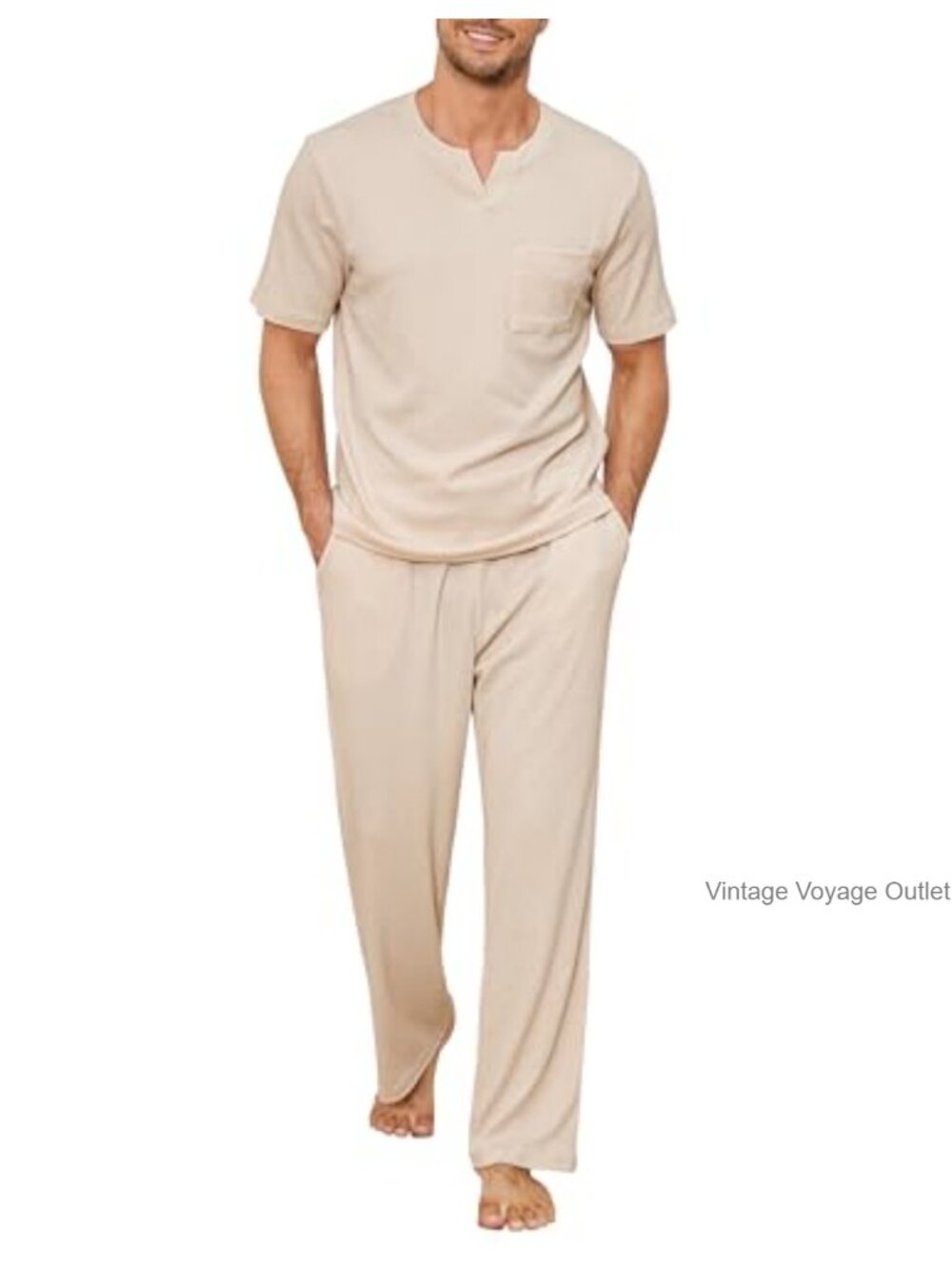 Men's 2 Piece Pajama Set Short Sleeve Top & Pant Loungewear with Pockets